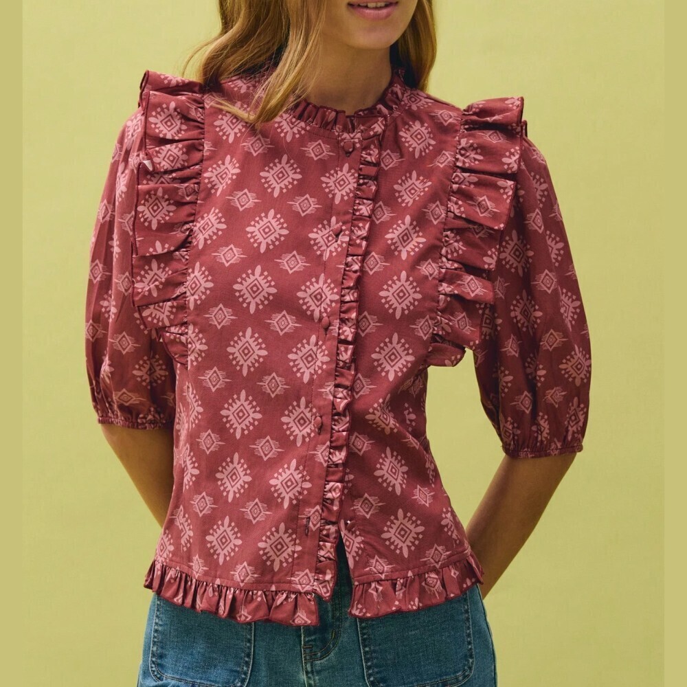Brick Red / Pink Diamond Print Ruffle Trim Puff Sleeve Blouse